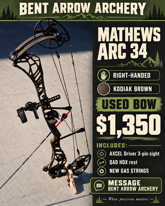 USED Mathews Arc 34 Axcel Driver Qad HDX New Gas Strings